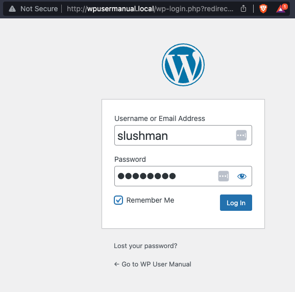 The login page of a WordPress website with username and password filled in and the remember me checkbox checked.